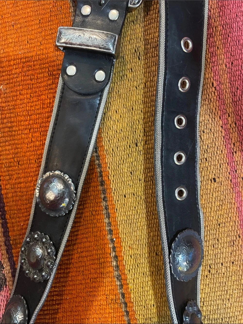 Another Line Black Western Faux Leather Belt with Engraved Pewter Conchos